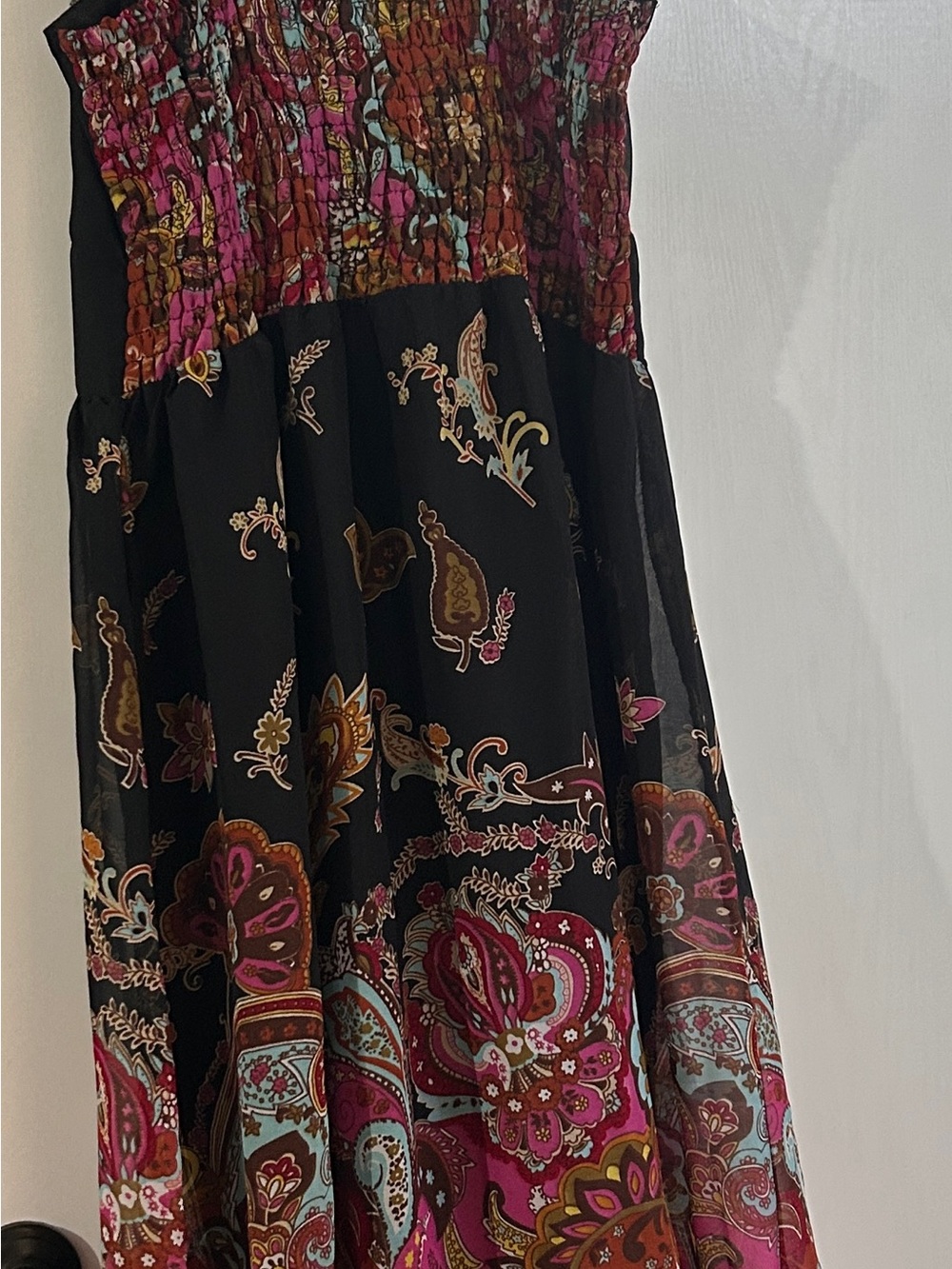Black Paisley Midi Slip Dress with Pink & Teal Accents